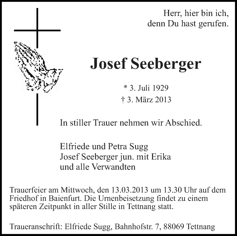  Traueranzeige für Josef Seeberger vom 12.03.2013 aus Schwäbische Zeitung