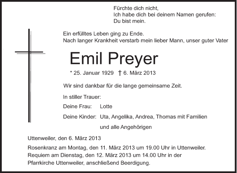  Traueranzeige für Emil Preyer vom 09.03.2013 aus Schwäbische Zeitung