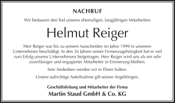 Anzeige von Helmut Reiger von Schwäbische Zeitung