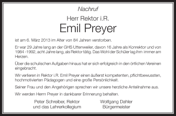 Anzeige von Emil Preyer von Schwäbische Zeitung