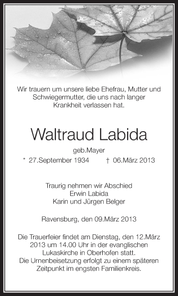 Anzeige von Waltraud Labida von Schwäbische Zeitung