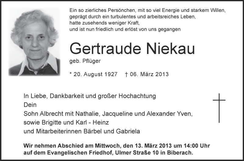  Traueranzeige für Gertraude Niekau vom 11.03.2013 aus Schwäbische Zeitung