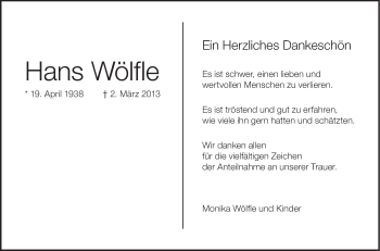 Anzeige von Hans Wölfle von Schwäbische Zeitung