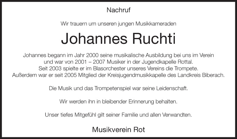  Traueranzeige für Johannes Ruchti vom 12.03.2013 aus Schwäbische Zeitung