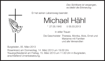 Anzeige von Michael Hähl von Schwäbische Zeitung