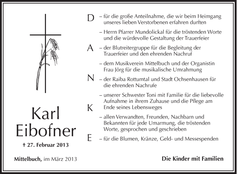  Traueranzeige für Karl Eibofner vom 13.03.2013 aus Schwäbische Zeitung