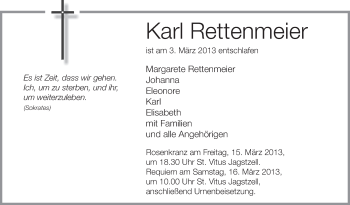 Anzeige von Karl Rettenmeier von Schwäbische Zeitung