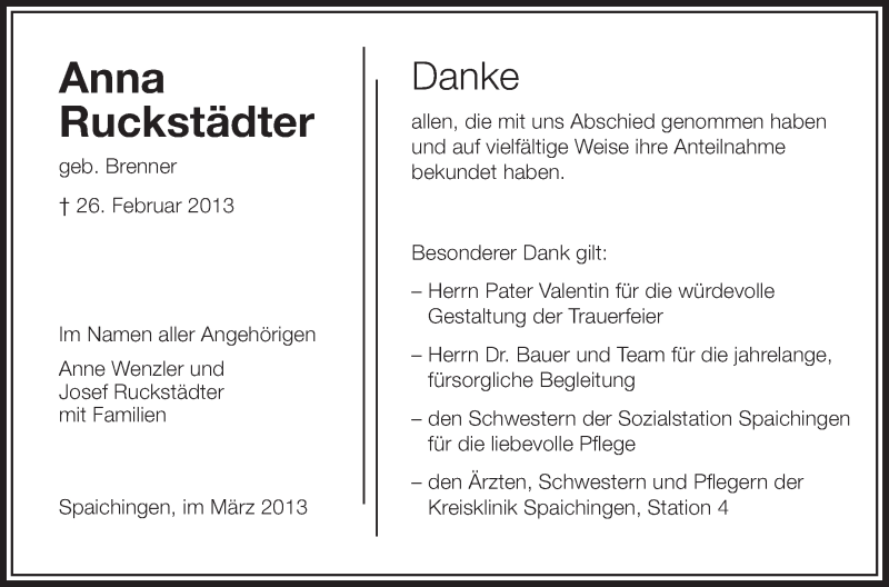  Traueranzeige für Anna Ruckstädter vom 13.03.2013 aus Schwäbische Zeitung