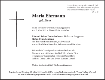 Anzeige von Maria Ehrmann von Schwäbische Zeitung