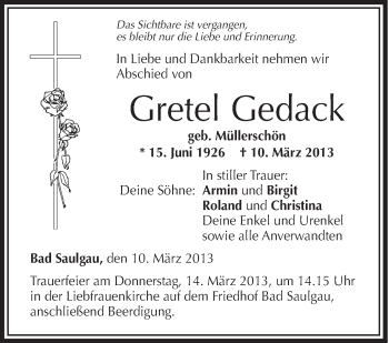 Anzeige von Gretel Gedack von Schwäbische Zeitung