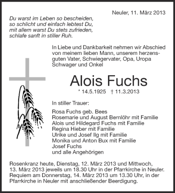Anzeige von Alois Fuchs von Schwäbische Zeitung