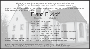 Anzeige von Franz Rudolf von Schwäbische Zeitung