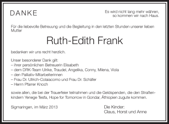 Anzeige von Ruth-Edith Frank von Schwäbische Zeitung