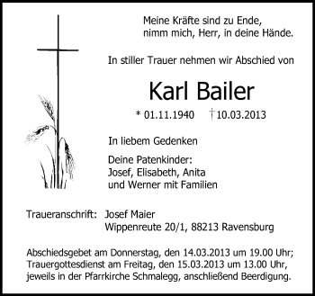 Anzeige von Karl Bailer von Schwäbische Zeitung