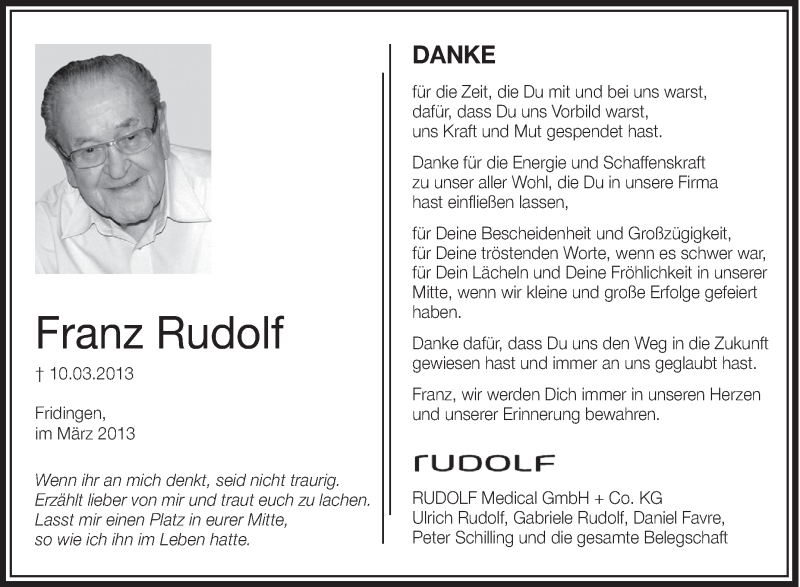  Traueranzeige für Franz Rudolf vom 13.03.2013 aus Schwäbische Zeitung