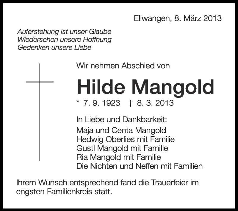  Traueranzeige für Hilde Mangold vom 14.03.2013 aus Schwäbische Zeitung