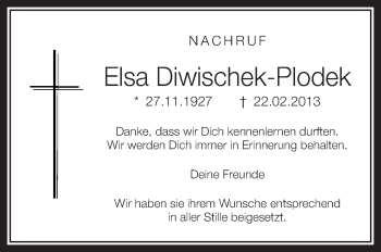 Anzeige von Elsa Diwischek-Plodek von Schwäbische Zeitung
