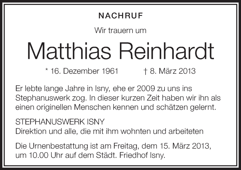  Traueranzeige für Matthias Reinhardt vom 14.03.2013 aus Schwäbische Zeitung