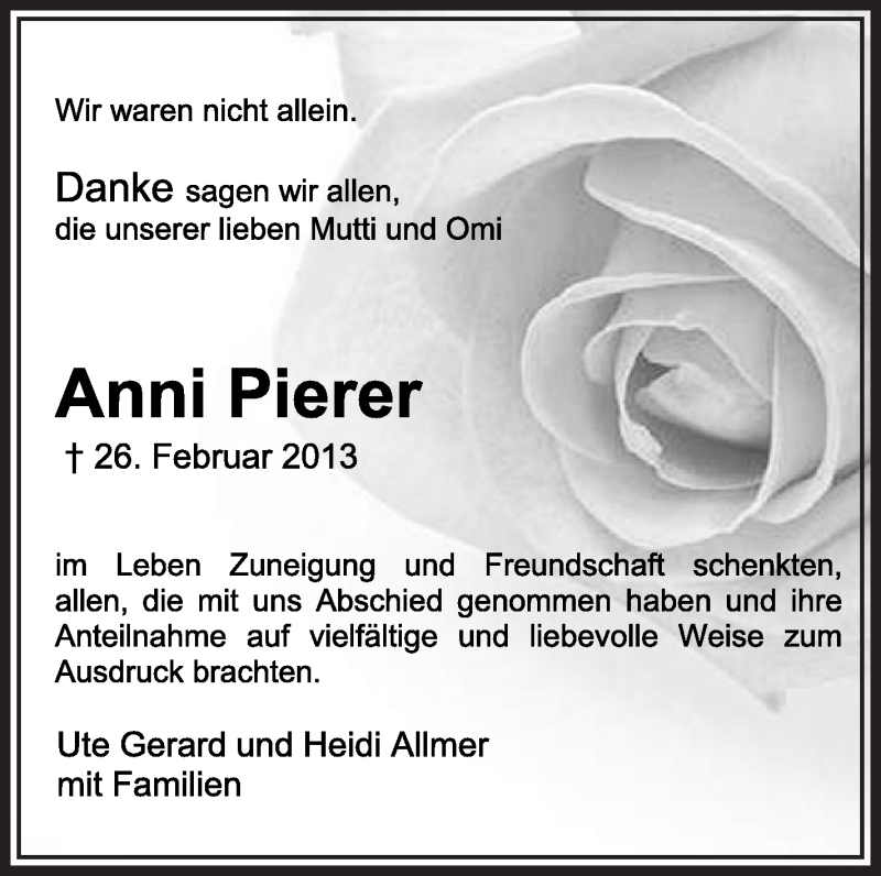  Traueranzeige für Anni Pierer vom 14.03.2013 aus Schwäbische Zeitung