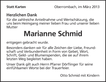 Anzeige von Marianne Schmid von Schwäbische Zeitung