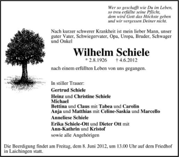 Anzeige von Wilhelm Schiele von Schwäbische Zeitung