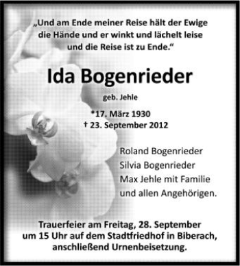 Anzeige von Ida Bogenrieder von Schwäbische Zeitung