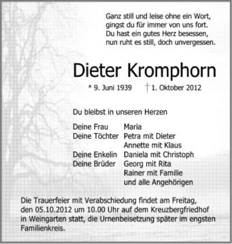  Traueranzeige für Dieter Kromphorn vom 04.10.2012 aus Schwäbische Zeitung