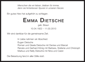 Anzeige von Emma Dietsche von Schwäbische Zeitung