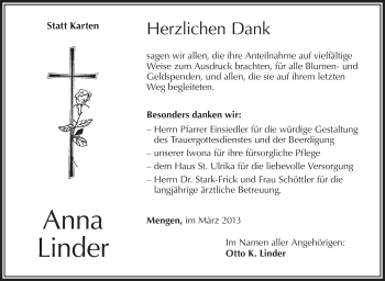 Anzeige von Anna Linder von Schwäbische Zeitung
