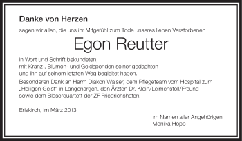 Anzeige von Egon Reutter von Schwäbische Zeitung