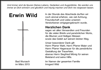 Anzeige von Erwin Wild von Schwäbische Zeitung