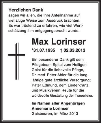 Anzeige von Max Lorinser von Schwäbische Zeitung