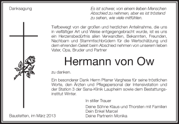 Anzeige von Hermann von Ow von Schwäbische Zeitung