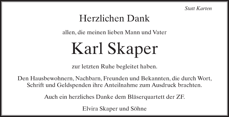  Traueranzeige für Karl Skaper vom 20.03.2013 aus Schwäbische Zeitung