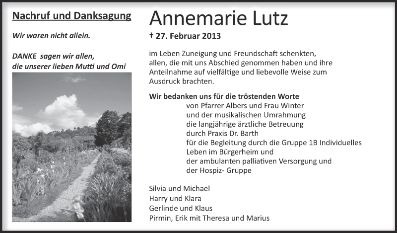  Traueranzeige für Annemarie Lutz vom 20.03.2013 aus Schwäbische Zeitung