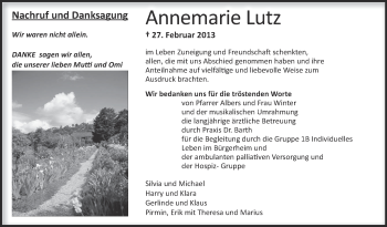 Anzeige von Annemarie Lutz von Schwäbische Zeitung