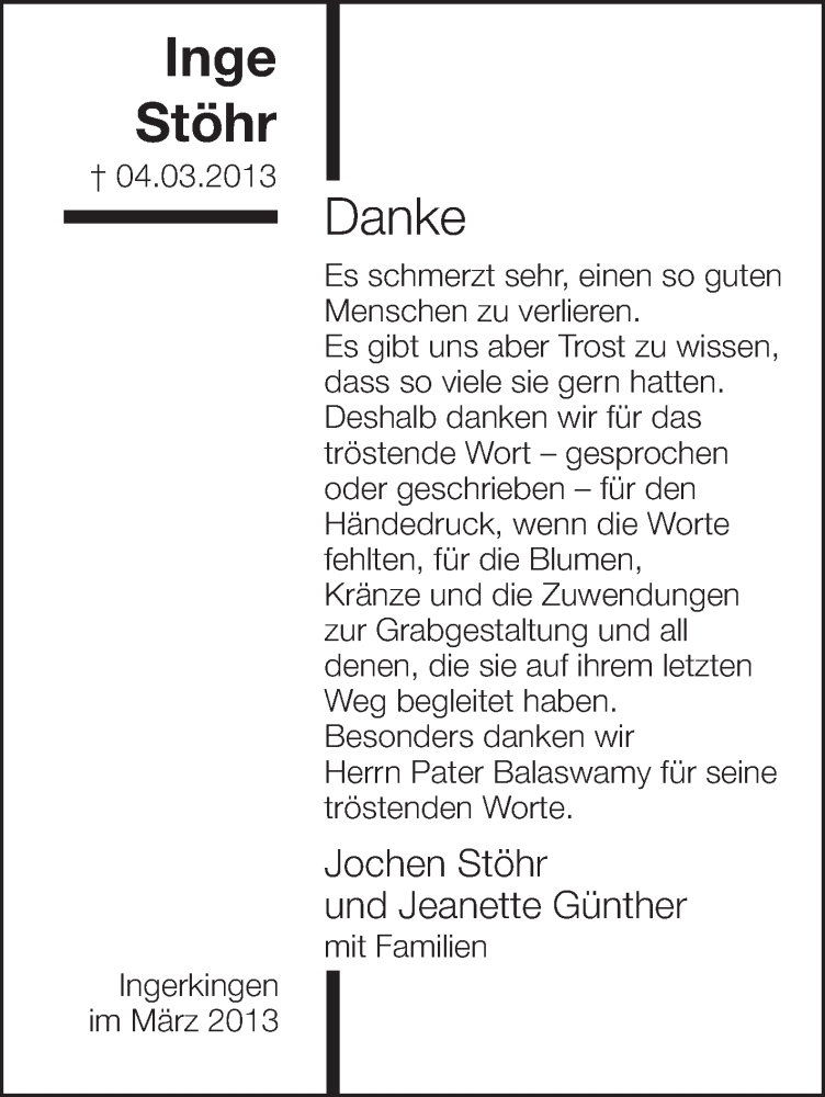  Traueranzeige für Inge Stöhr vom 22.03.2013 aus Schwäbische Zeitung