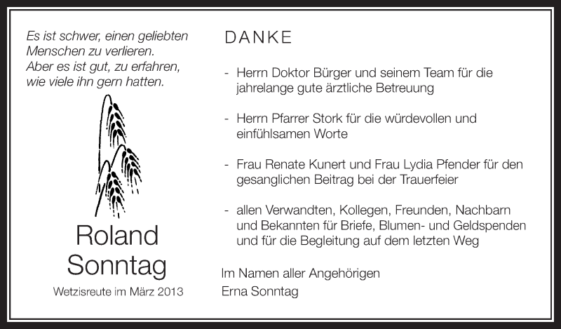  Traueranzeige für Roland Sonntag vom 23.03.2013 aus Schwäbische Zeitung