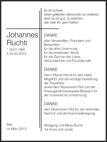 Anzeige von Johannes Ruchti von Schwäbische Zeitung