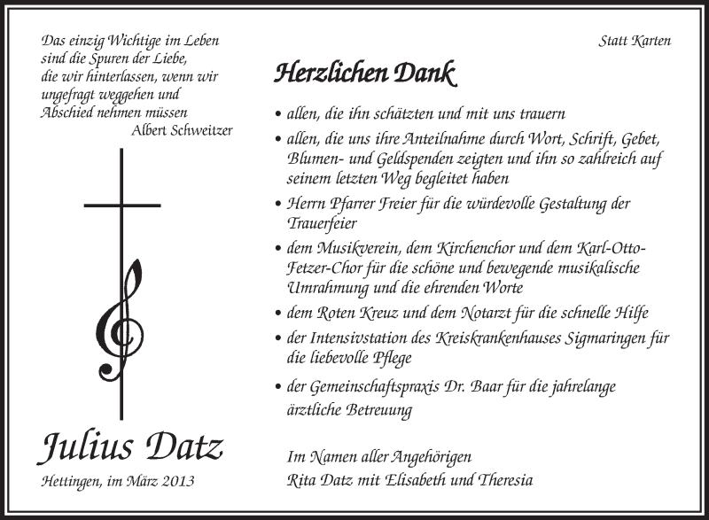  Traueranzeige für Julius Datz vom 23.03.2013 aus Schwäbische Zeitung