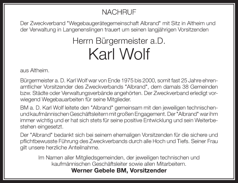  Traueranzeige für Karl Wolf vom 23.03.2013 aus Schwäbische Zeitung