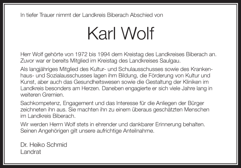  Traueranzeige für Karl Wolf vom 23.03.2013 aus Schwäbische Zeitung