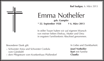 Anzeige von Emma Nothelfer von Schwäbische Zeitung
