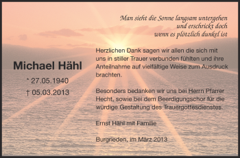 Anzeige von Michael Hähl von Schwäbische Zeitung