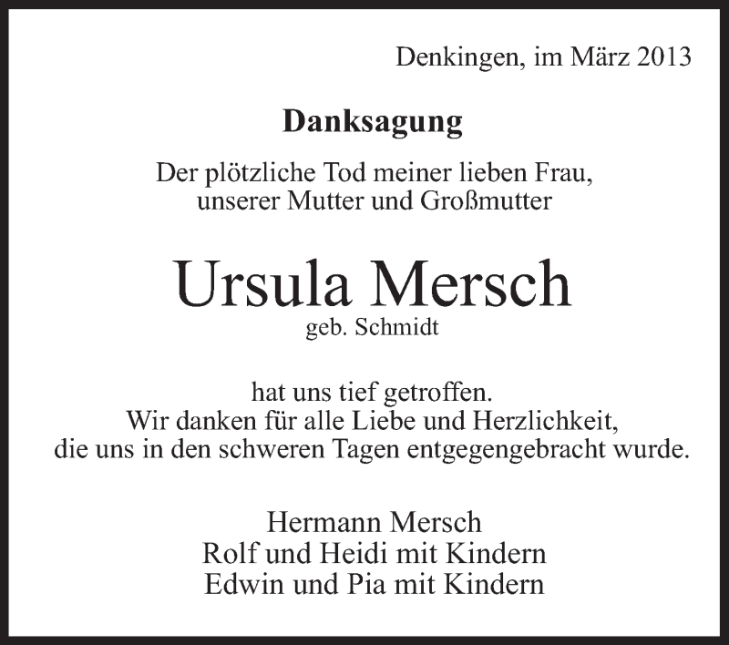  Traueranzeige für Ursula Mersch vom 27.03.2013 aus Schwäbische Zeitung