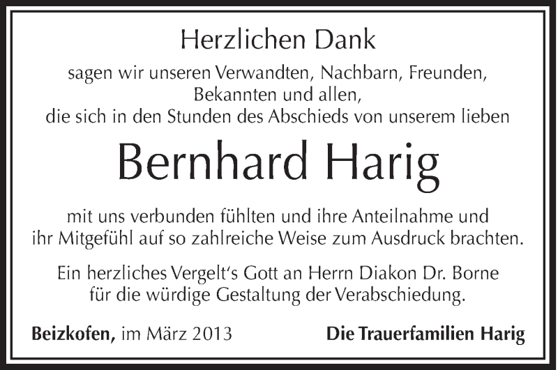  Traueranzeige für Bernhard Harig vom 30.03.2013 aus Schwäbische Zeitung