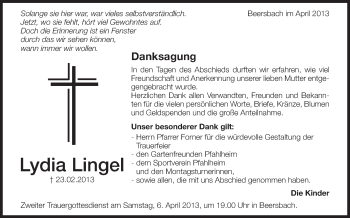 Anzeige von Lydia Lingel von Schwäbische Zeitung