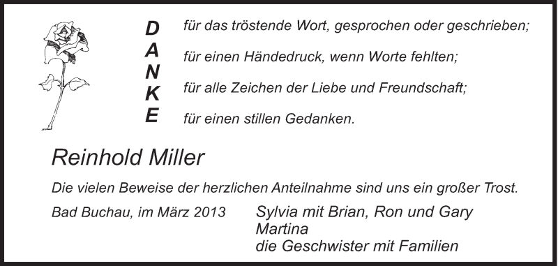  Traueranzeige für Reinhold Miller vom 03.04.2013 aus Schwäbische Zeitung