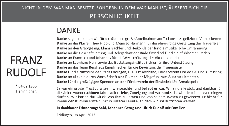  Traueranzeige für Franz Rudolf vom 05.04.2013 aus Schwäbische Zeitung