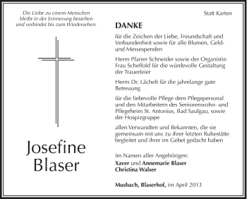 Anzeige von Josefine Blaser von Schwäbische Zeitung